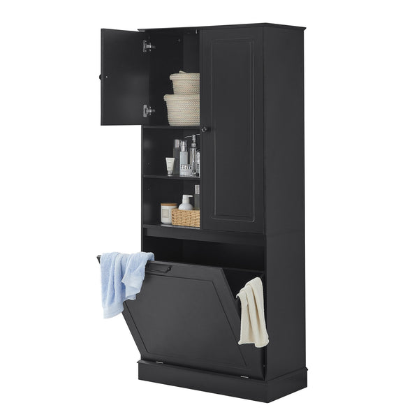 English Elm Tall Storage Cabinet with Flip-Out Basket, Adjustable Shelves & Aluminum Handles for Organized Living Black N725P322739B
