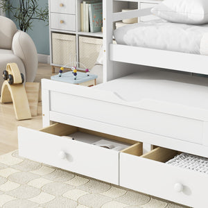 English Elm Twin Twin Size Bed with Trundle and Three Storage Drawers, Space-Saving Pine Frame with Classic Headboard White W504P197162