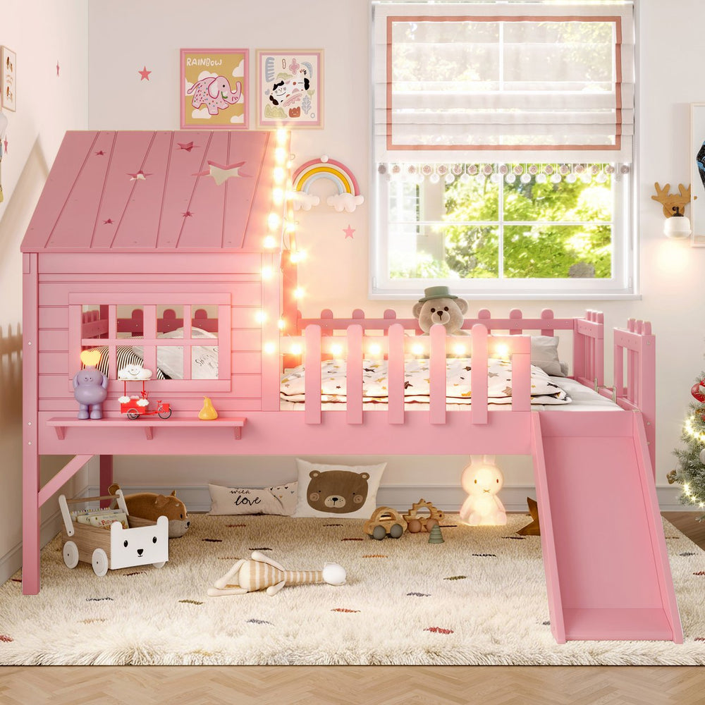 English Elm Twin Playhouse Loft Bed Solid Pine Frame with Slide Led Lights and Star Roof Pink W5316S00006