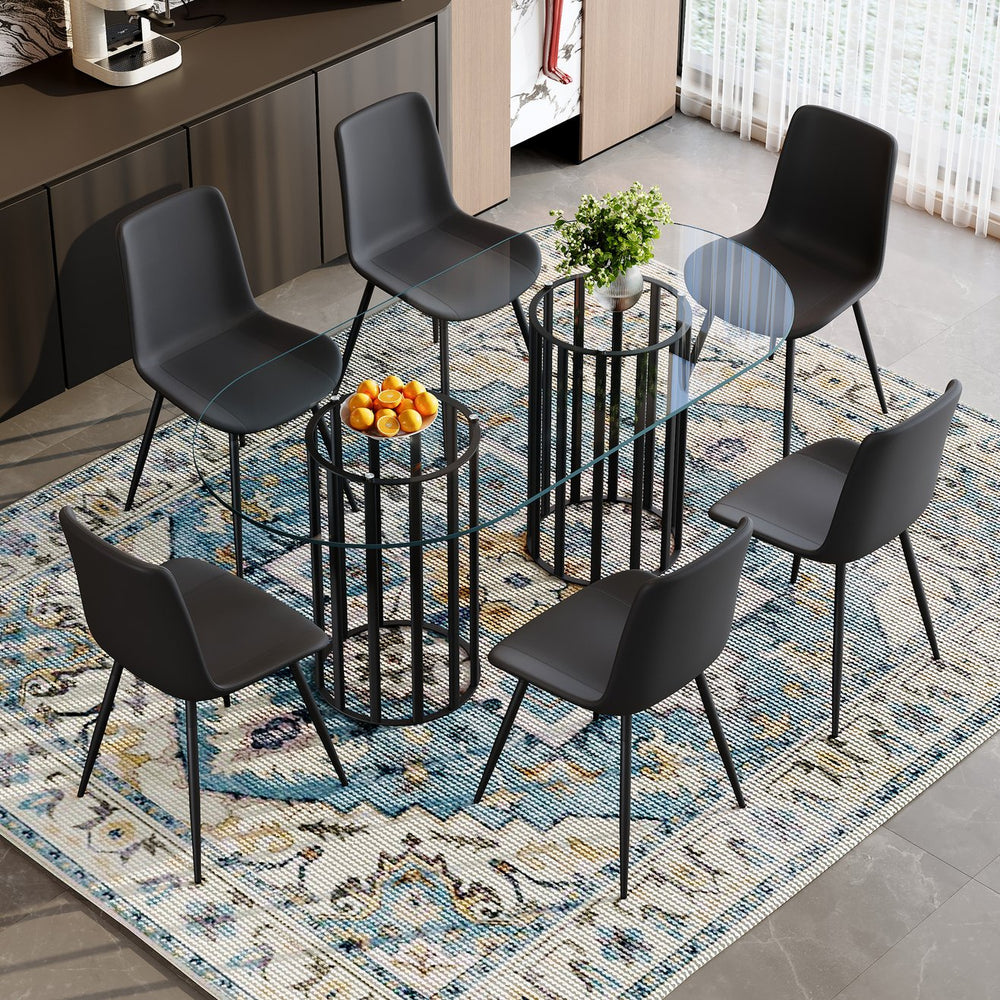 English Elm Table Set Oval Tempered Glass Top with Six Brown Fabric Chairs for Modern Dining Black,Transparent W1151S04748