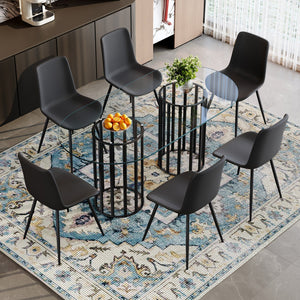 English Elm Table Set Oval Tempered Glass Top with Six Brown Fabric Chairs for Modern Dining Black,Transparent W1151S04748