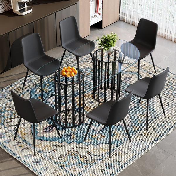 English Elm Table Set Oval Tempered Glass Top with Six Brown Fabric Chairs for Modern Dining Black,Transparent W1151S04748