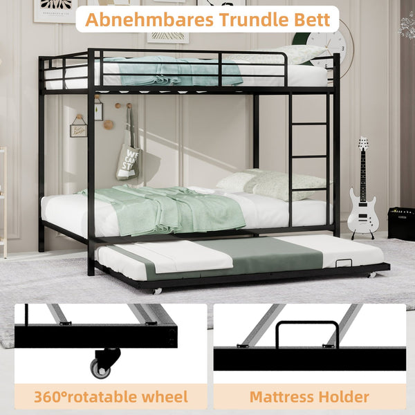 English Elm Durable Iron Bunk Bed With Trundle, Safety Rails & Modern Design – Perfect For Kids, Guests & Space-Saving! W1935P360854
