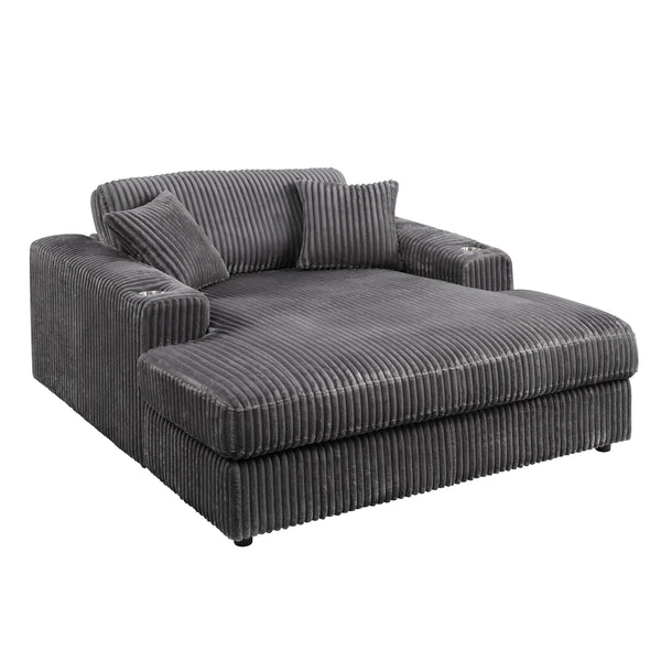 English Elm Hilde Gray Corduroy Chaise with 2 Pillows — Dark Gray Foam D28/D33, Pocket Coil Seat, Cup Holder, Removable Covers B2726P256671