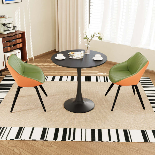 English Elm 31.5" Black Round Tulip Dining Table Set With 2 Ergonomic Leather Chairs - Modern Mid-Century Design W2189S00709