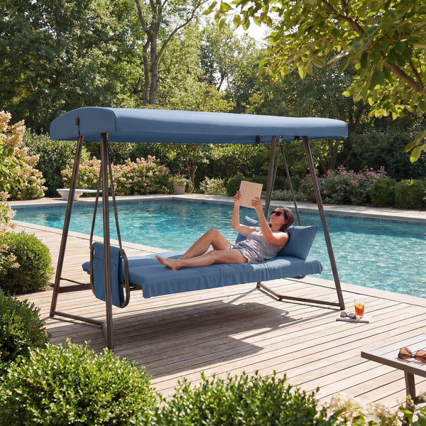 English Elm 3-in-1 Outdoor Hanging Swing Bed Steel Frame 600 Lb Capacity Adjustable Canopy Patio Lounger Blue W3979P393032