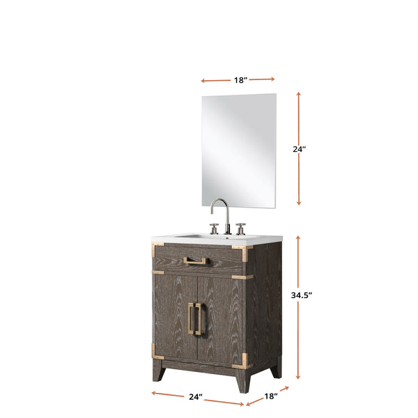 English Elm Brown Oak Single Bath Vanity 24" W x 18" D with Acrylic Top, 18" Mirror & Chrome Gooseneck Faucet Set B2731S02000
