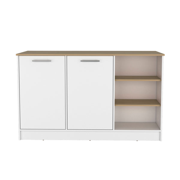 English Elm Ginger Kitchen Island with 3 Open Shelves, 2 Cabinets, 26" x 59" Prep Counter in Walnut Finish B200S00395