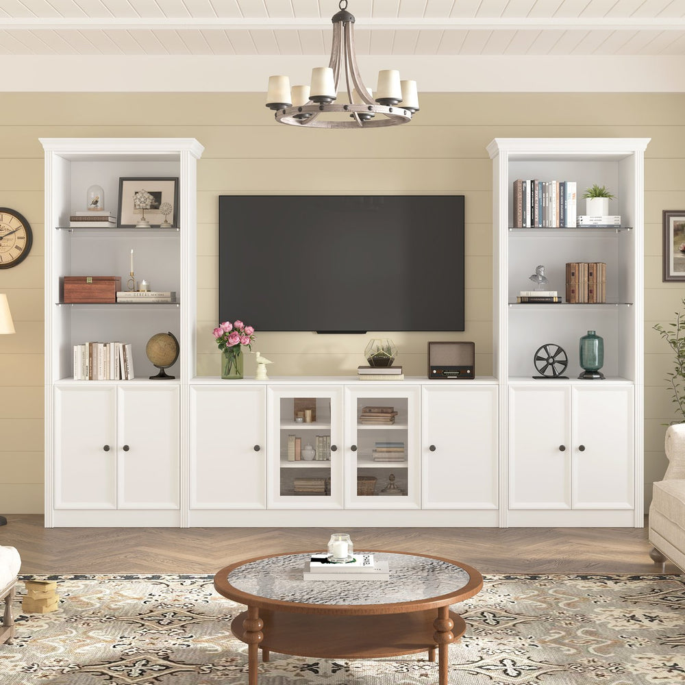 English Elm U-can Three Piece Wall Unit Built-in Media Center with Crown Molding and Tempered Glass Storage White SJ000156AAK