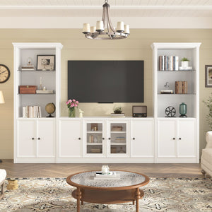 English Elm U-can Three Piece Wall Unit Built-in Media Center with Crown Molding and Tempered Glass Storage White SJ000156AAK