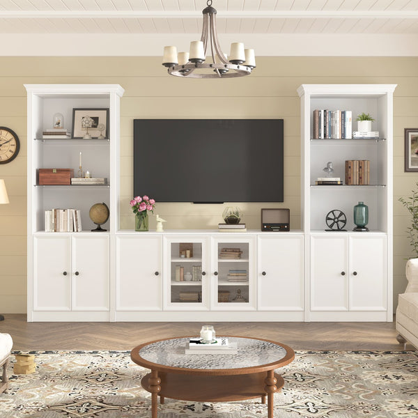 English Elm U-can Three Piece Wall Unit Built-in Media Center with Crown Molding and Tempered Glass Storage White SJ000156AAK