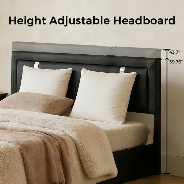 English Elm Queen Platform Bed Wingback Diamond Quilted Headboard Led Lighting Storage Drawers Black W5722P462695