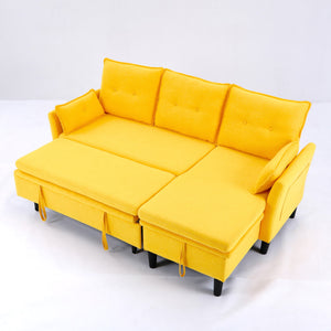 English Elm L-Shaped Reversible Chaise Sectional Sofa with Storage and Fold-Out Bed Cotton-Linen Modern Design Yellow W3371S00027