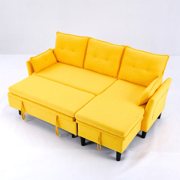 English Elm L-Shaped Reversible Chaise Sectional Sofa with Storage and Fold-Out Bed Cotton-Linen Modern Design Yellow W3371S00027