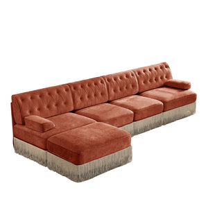 English Elm 135" Chesterfield Velvet Sectional with Tufted Back Tassel Skirt and Modular Living Room Design Red+Brown W714S01726
