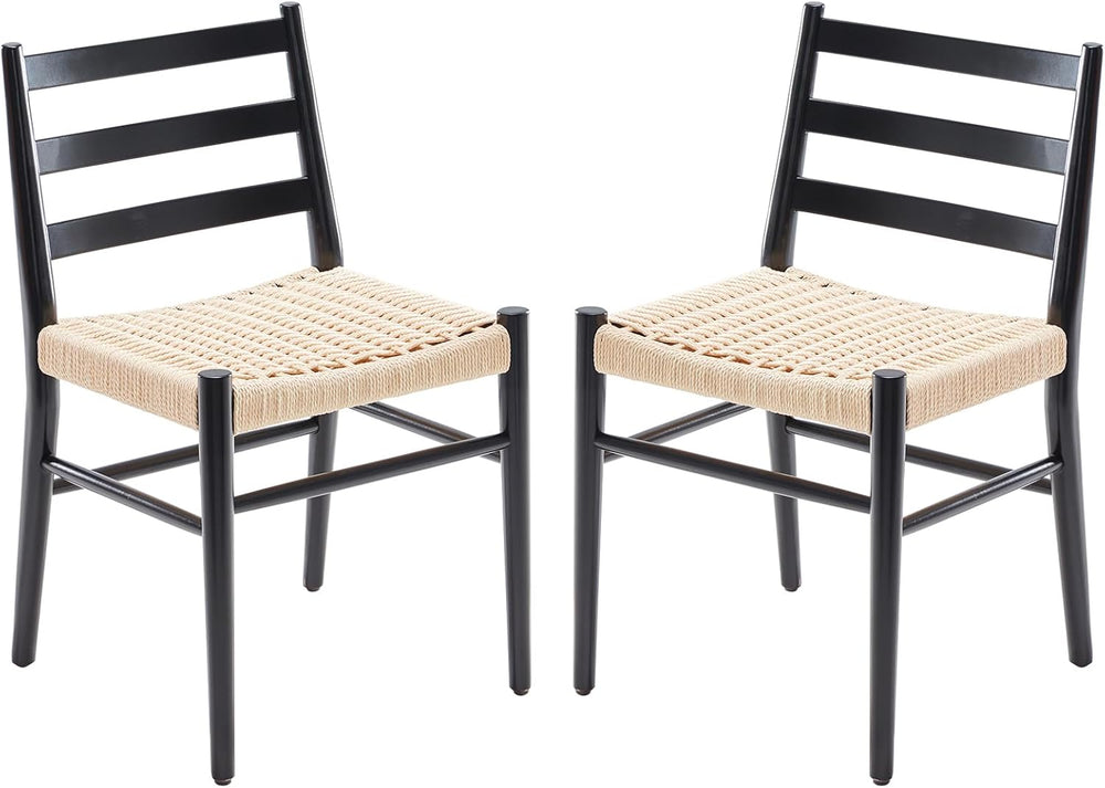 English Elm Dining Chairs with Handwoven Rope Seats and Iron Frame Mid Century Modern Set of 2 Black+Beige T3623P438618