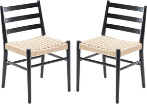 English Elm Dining Chairs with Handwoven Rope Seats and Iron Frame Mid Century Modern Set of 2 Black+Beige T3623P438618