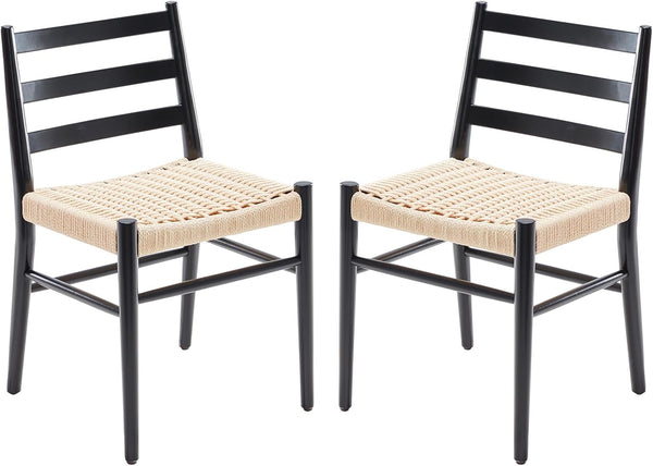 English Elm Dining Chairs with Handwoven Rope Seats and Iron Frame Mid Century Modern Set of 2 Black+Beige T3623P438618