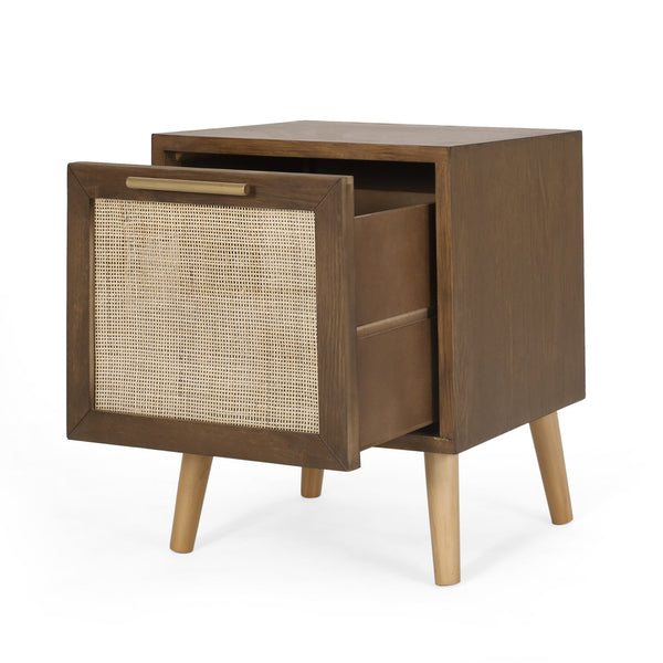 English Elm Christopher Knight Home® - END TABLE Walnut Contemporary Engineered Wood with Rattan Accents, Drawer Storage & Antique Gold Pull 71097.00