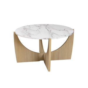 35" Round Coffee Table with Open Crossed Arch Base Calacatta Marble, Coastal Oak LNAL1KCMCO Walker Edison