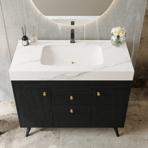 English Elm 36" Freestanding Bathroom Vanity Sintered Stone Top Ceramic Sink Stainless Steel Legs Black,Gold,White W3136S00072