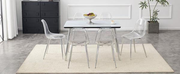 English Elm Table and Chair Set Marble Glass Top Six Transparent Seats Silver Legs Dining W1151S04649
