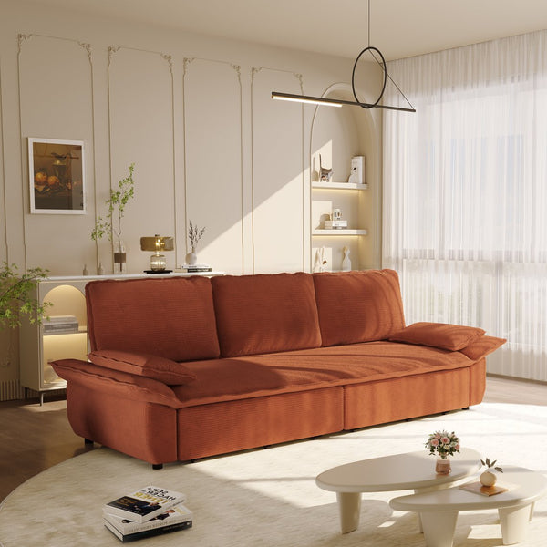 English Elm 94.5" King Convertible Sleeper Sofa Corduroy Upholstered Chaise Lounge Guest Room Bed Orange W1885S00307