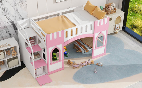 English Elm Twin Loft Bed with Storage Staircase and Window — Pinewood Modern Space-Saving Kids' Play & Sleep Loft Pink GX000727AAH