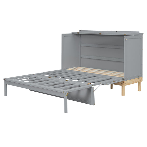 English Elm Queen Murphy Wall Bed Solid Pine Cabinet with Drawer Modern Space Saving Design Gray N708P243886E