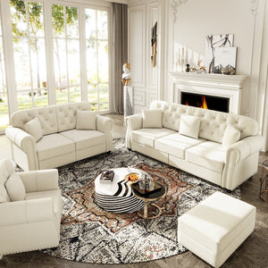 English Elm Upholstered Velvet Chesterfield Sofa Set with Button Tufting Nailhead Trim and Ottoman Beige+White W1885S00388