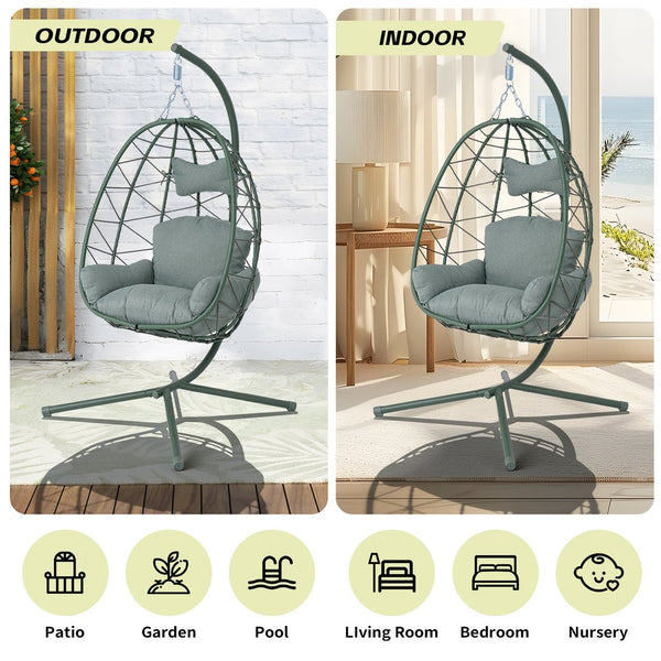 English Elm Egg Hanging Chair with Stand Pe Rattan Swing Seat Washable Cushion 350lb Capacity T5880P497439