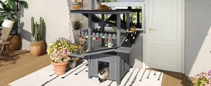 English Elm 4 Tier Outdoor Pine Cat Tower with Waterproof Roof Enclosed Den and Balcony Perch Grey N704P436318E