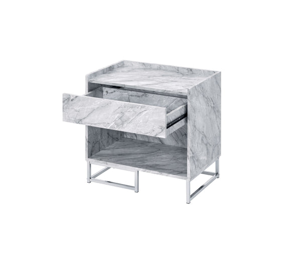 English Elm Azrael White Faux Marble Top Accent Table with Chrome Metal Base, Drawer & Open Storage, 100lb Limit B2726P340578