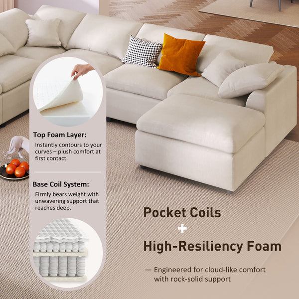 English Elm U_style Seven Seat Modular Sectional Chenille Sofa with Ottoman Pine Frame Living Room Beige WY000469AAA