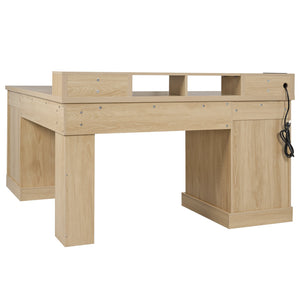 English Elm 59" Fluted Oak L-shaped Corner Desk with Charging Station Monitor Stand and File Storage Light Oak W2917S00005