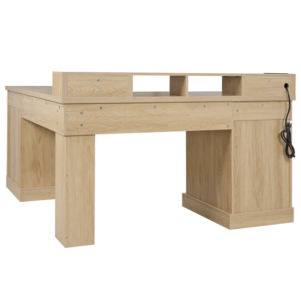 English Elm 59" Fluted Oak L-shaped Corner Desk with Charging Station Monitor Stand and File Storage Light Oak W2917S00005