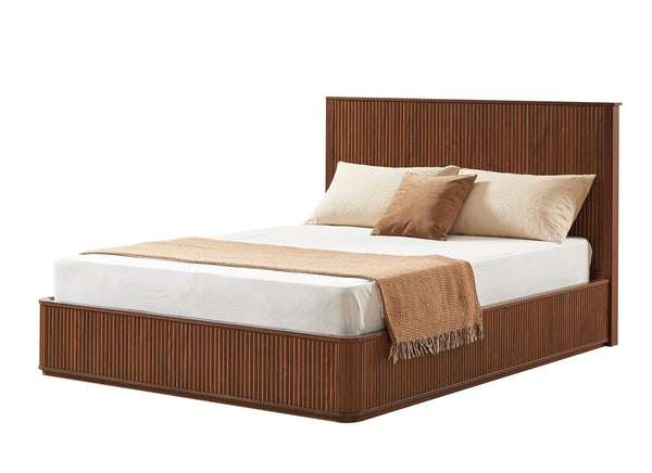 English Elm Natural Fluted Wood Platform Bed Minimalist Queen Frame with Tall Curved Headboard Walnut W5219S00001