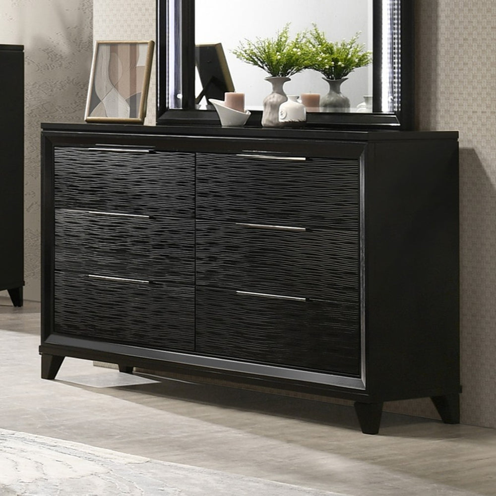 English Elm 1pc Mid-century Matte Six-drawer Solid Wood Dresser with Tapered Legs for Bedroom Black B2741P486340