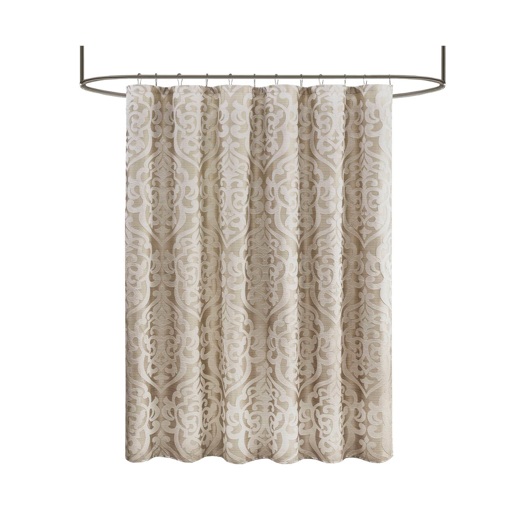 JLA Home Madison Park - Jacquard shower curtain with raised damask medallion weave on stria grey ground, 72x72, washable Tan/Ivory MP70-8084