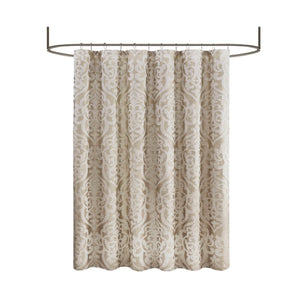 JLA Home Madison Park - Jacquard shower curtain with raised damask medallion weave on stria grey ground, 72x72, washable Tan/Ivory MP70-8084