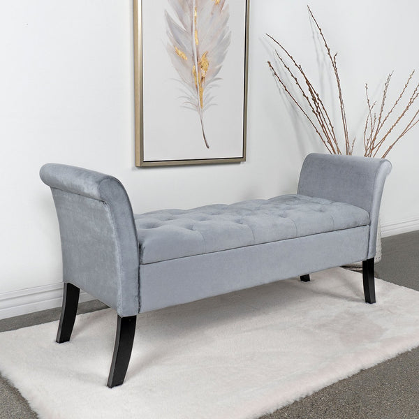 English Elm Velvet Upholstered Storage Bench with Button Tufting, Flared Arms and Wooden Legs, Luxe Hidden Storage Silver B016P383445