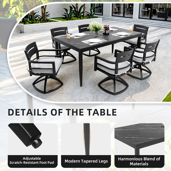 English Elm Outdoor Modern Patio Dining Table 35.5"x71" with Sintered Stone Top, Tapered Legs, Weatherproof Elegance Black Marble-Look Sintered Stone,Ember Black Frame W1886P272392