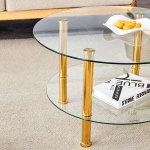 English Elm Contemporary Round Tempered Glass Coffee Table Gold Legs Open Shelf Living Room W1151P234005