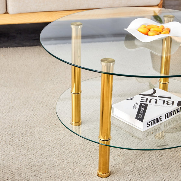 English Elm Contemporary Round Tempered Glass Coffee Table Gold Legs Open Shelf Living Room W1151P234005