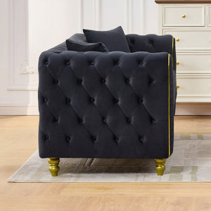 English Elm 86" Chesterfield Velvet Three Seat Sofa Button Tufted Rolled Arms Gold Legs Living Room Black W3373S00078