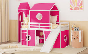 English Elm Twin Castle Loft Bed with Slide Fabric Tent and Tower Pinewood Kids Playhouse N708P249475H