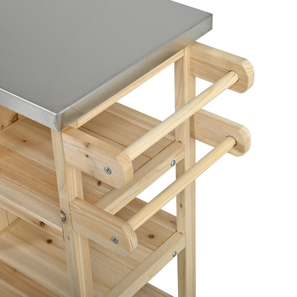 English Elm Foldable Outdoor Kitchen Cart with Stainless Worktop Fir Wood Frame and Lockable Wheels Natural N719P380281N