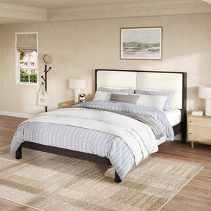 English Elm Solid Wood Queen Platform Bed Velvet Tufted Headboard Architectural Slat Design Black N7090000742B