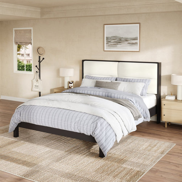 English Elm Solid Wood Queen Platform Bed Velvet Tufted Headboard Architectural Slat Design Black N7090000742B