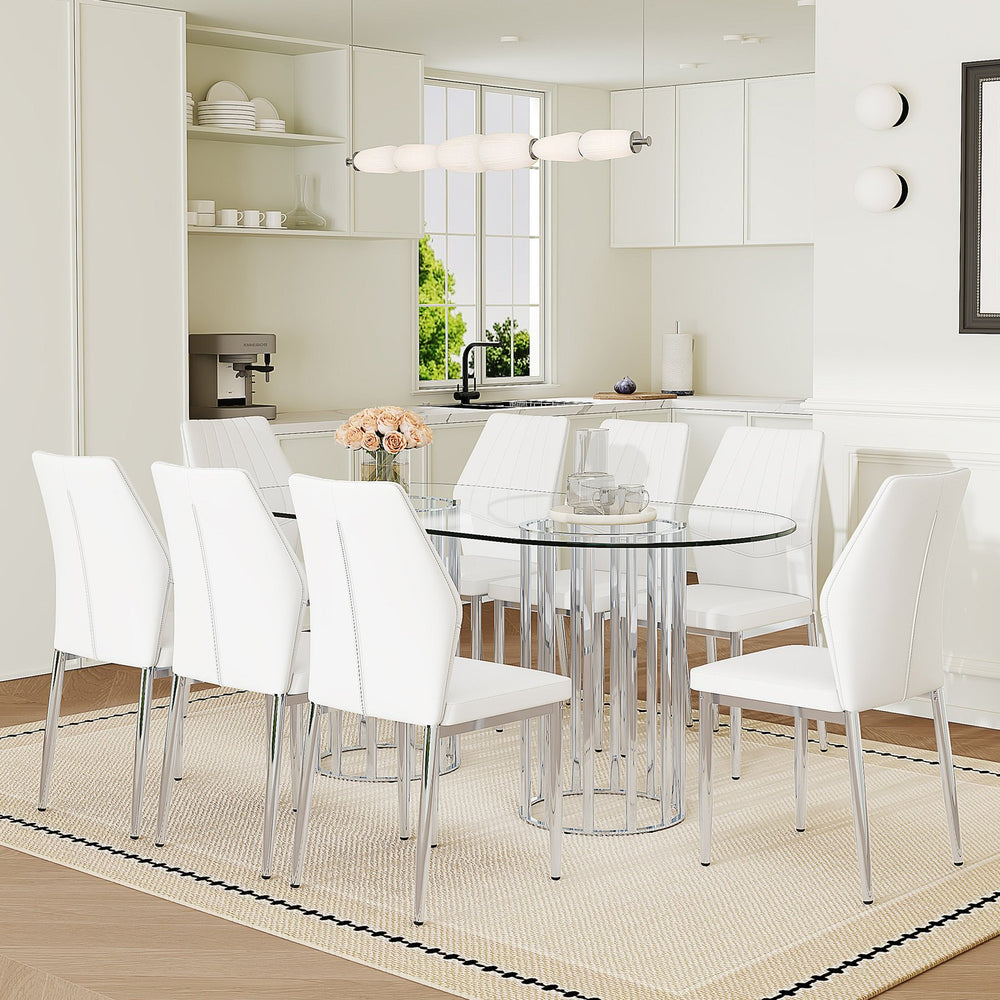 English Elm Table and Chair Set Oval Tempered Glass Top 9 Piece Modern Dining with Pu Seats Silver,Transparent,White W1151S04745